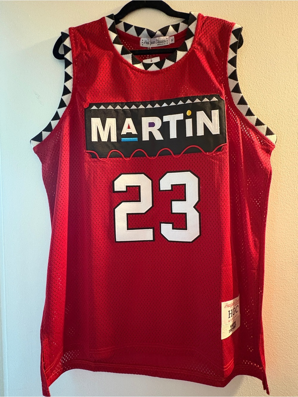 Nostalgia Red Mesh Basketball Jersey with Black & White Geometric Trim